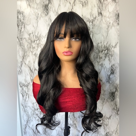 26 Inch Long Wave Curly Black Wig with Bangs density 200% - Picture 4 of 16
